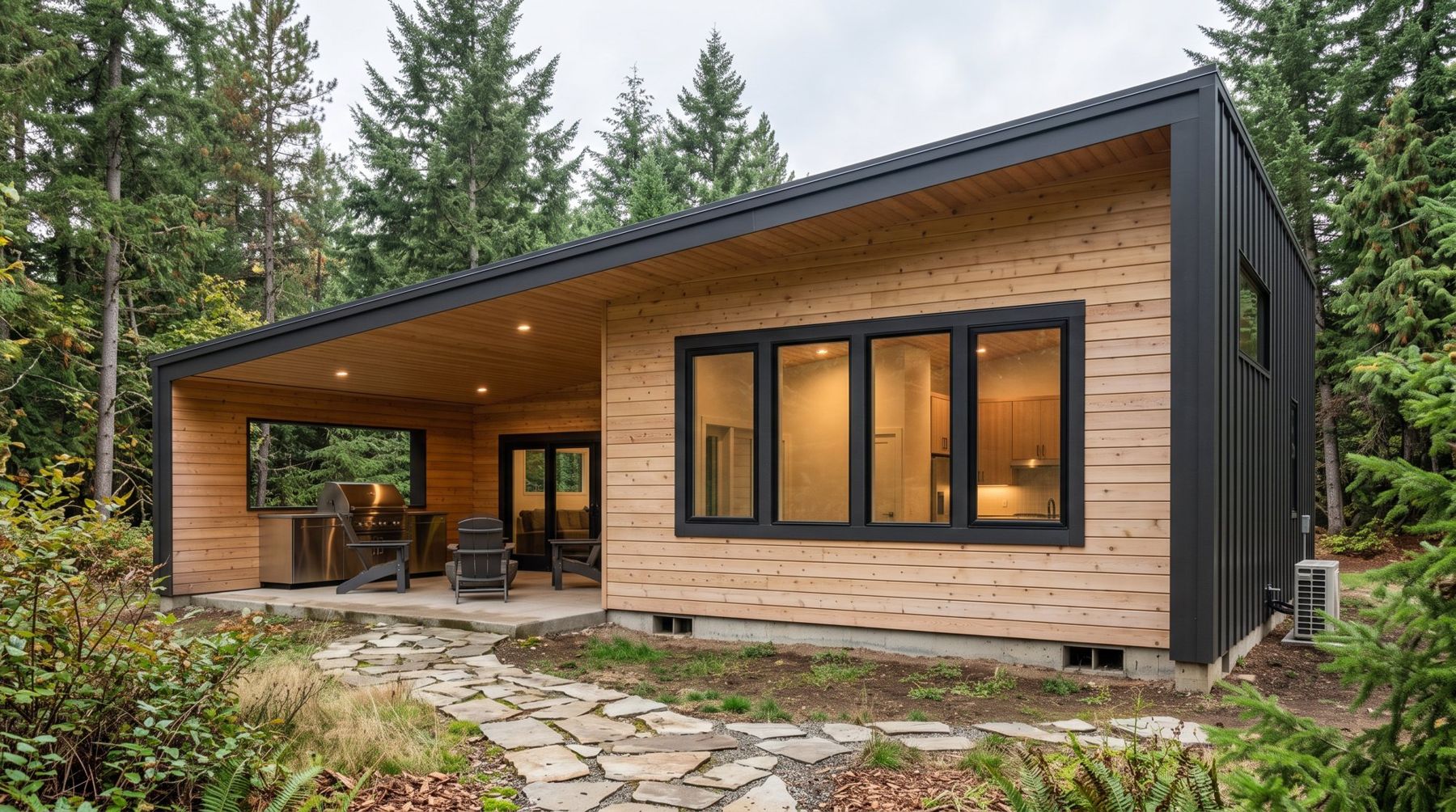 Cascade Cottage: street view of the single-level cottage with its covered patio