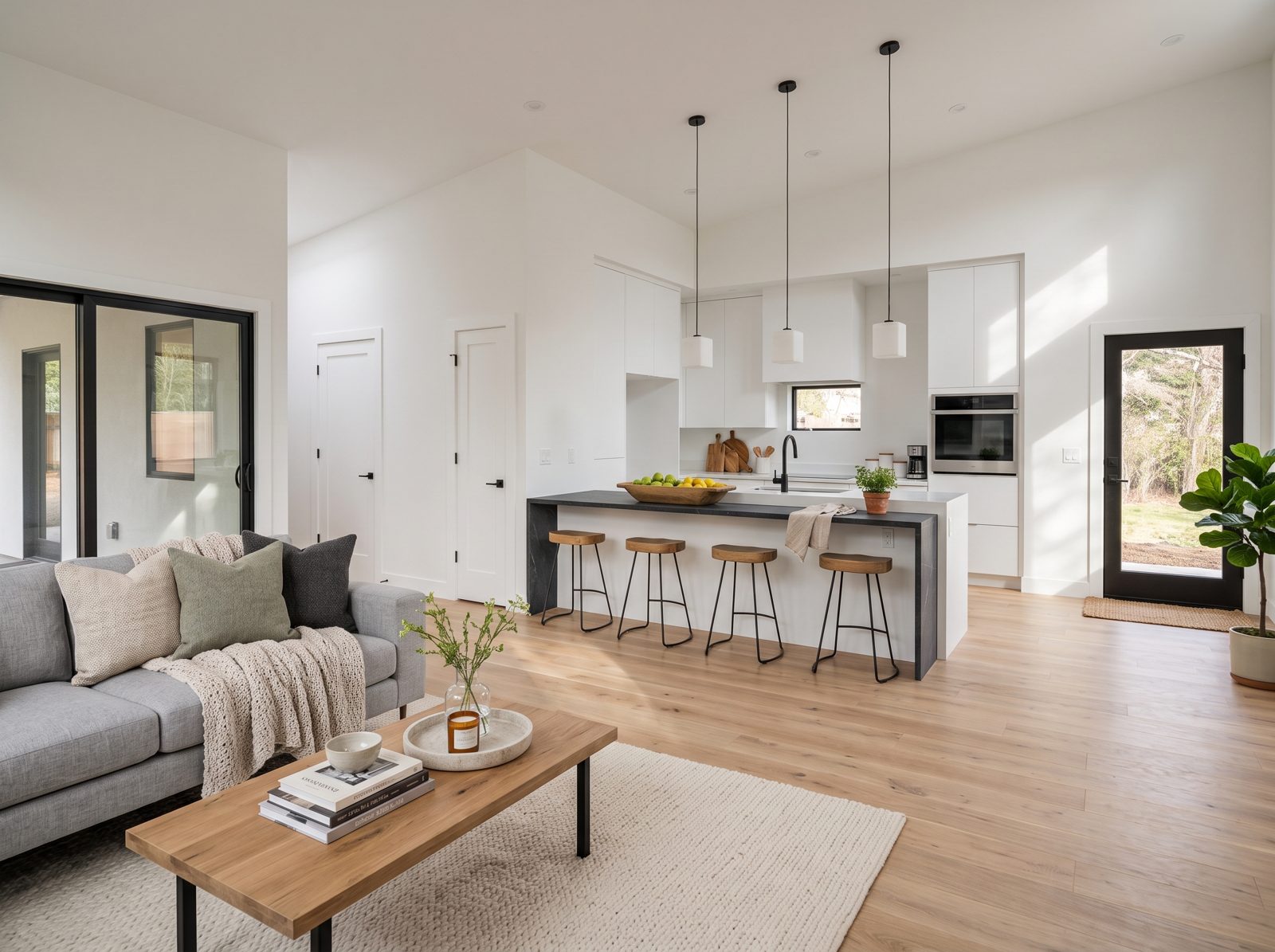 Cascade Cottage concept rendering: open living room and kitchen with island seating