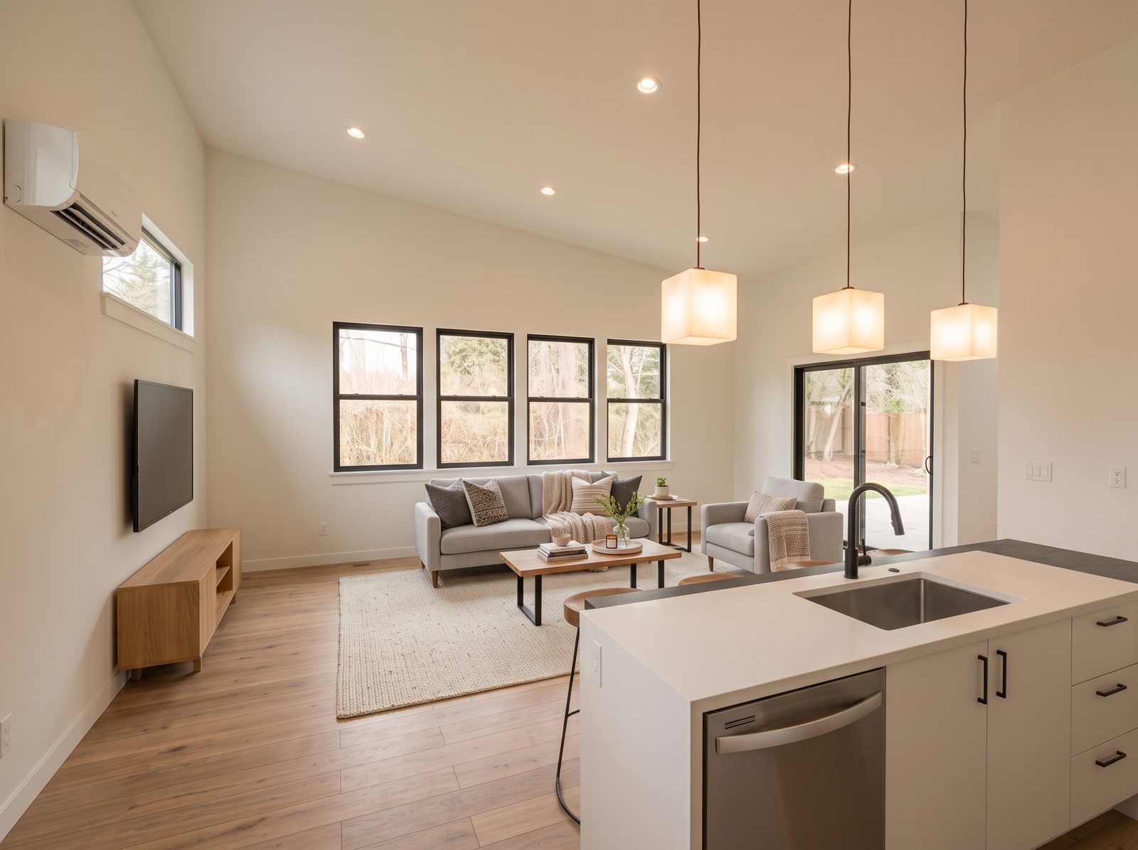 Cascade Cottage concept rendering: living room with vaulted ceiling and sliding door to the patio