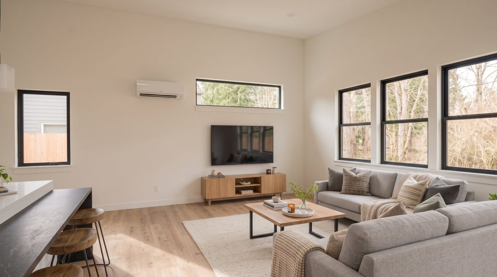 Cascade Cottage concept rendering: living area with sectional and wall-mounted TV