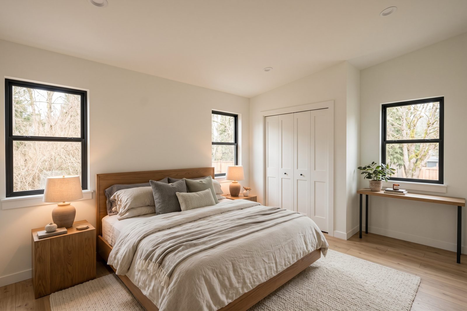 Cascade Cottage concept rendering: bedroom with closet and two windows