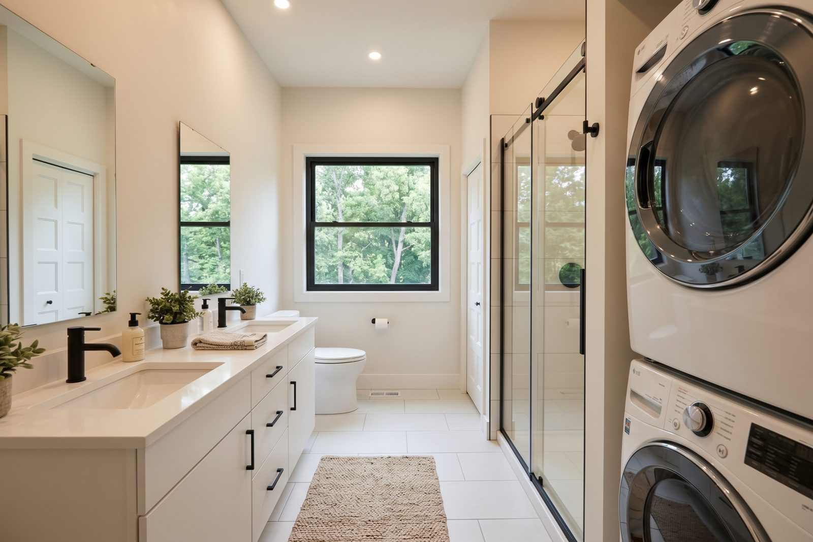 Cascade Cottage concept rendering: bathroom with double vanity, walk-in shower and stacked laundry