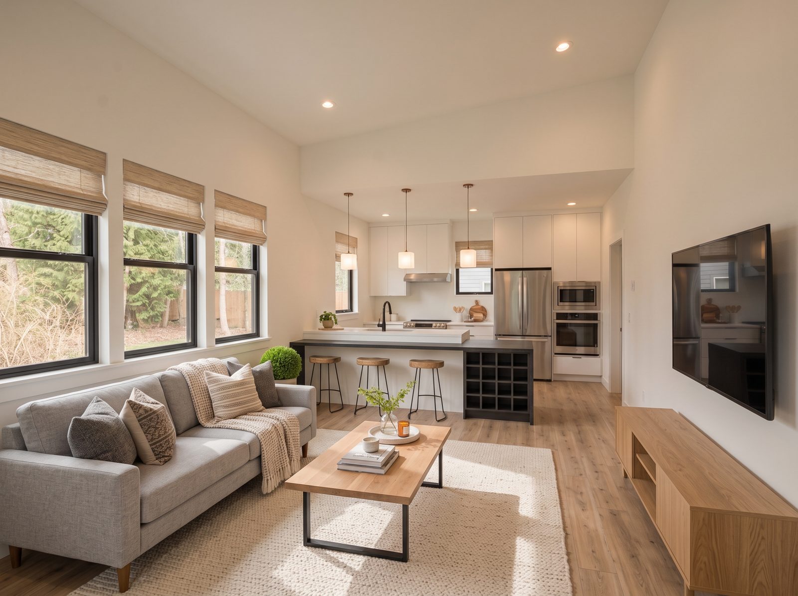 Deschutes Bungalow concept rendering: open living room and kitchen with vaulted ceiling