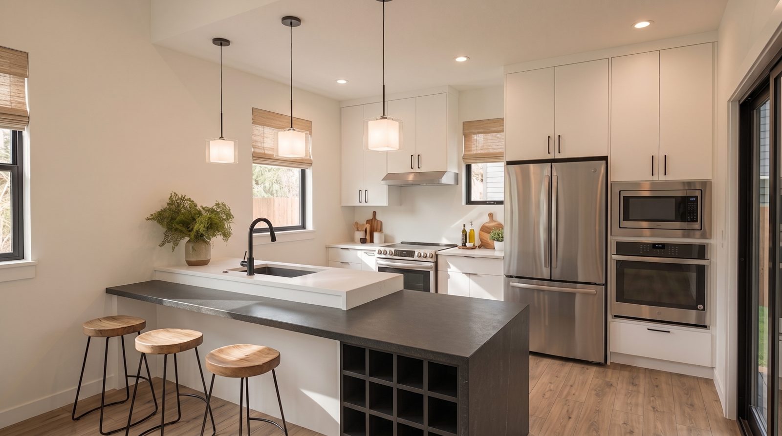 Deschutes Bungalow concept rendering: kitchen with peninsula seating and stainless appliances