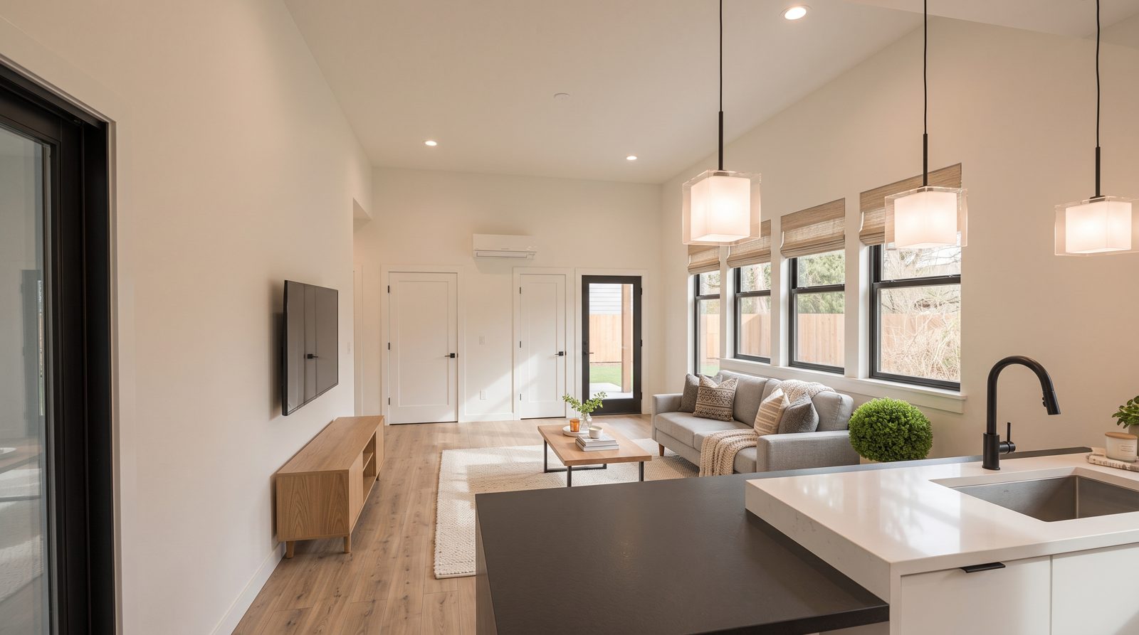 Deschutes Bungalow concept rendering: living room from the kitchen, with the covered patio beyond