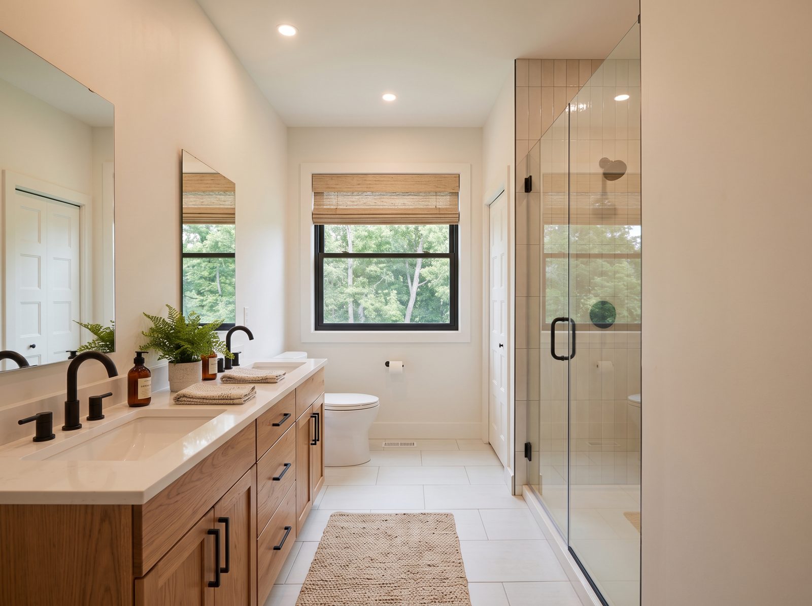 Deschutes Bungalow concept rendering: bathroom with double vanity and glass shower