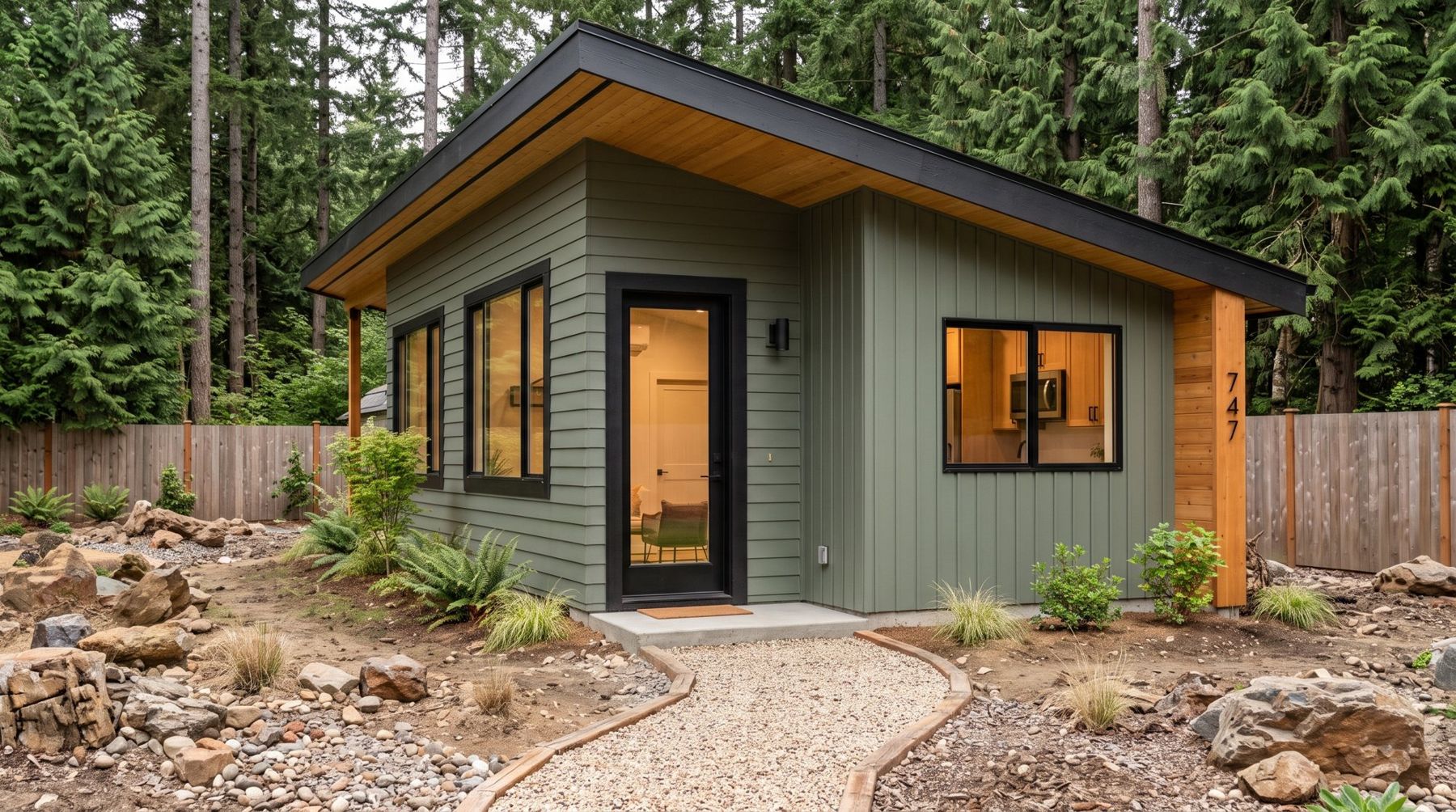 Modern Mill House: street view of the shed-roof ADU