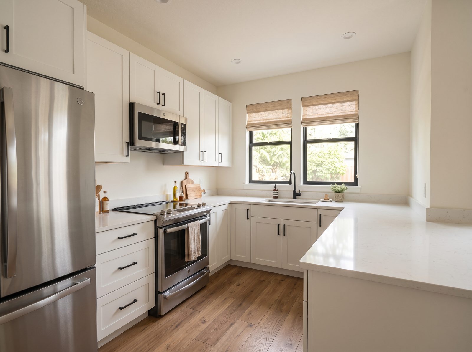 Modern Mill House concept rendering: kitchen with white shaker cabinets and stainless appliances