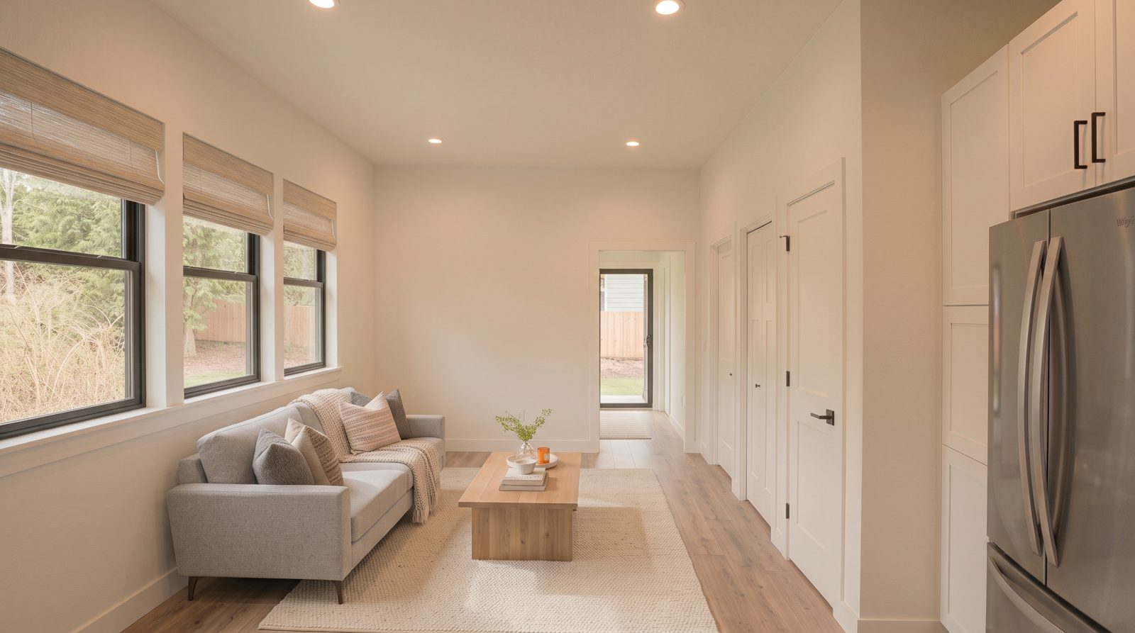 Modern Mill House concept rendering: living area along the window wall
