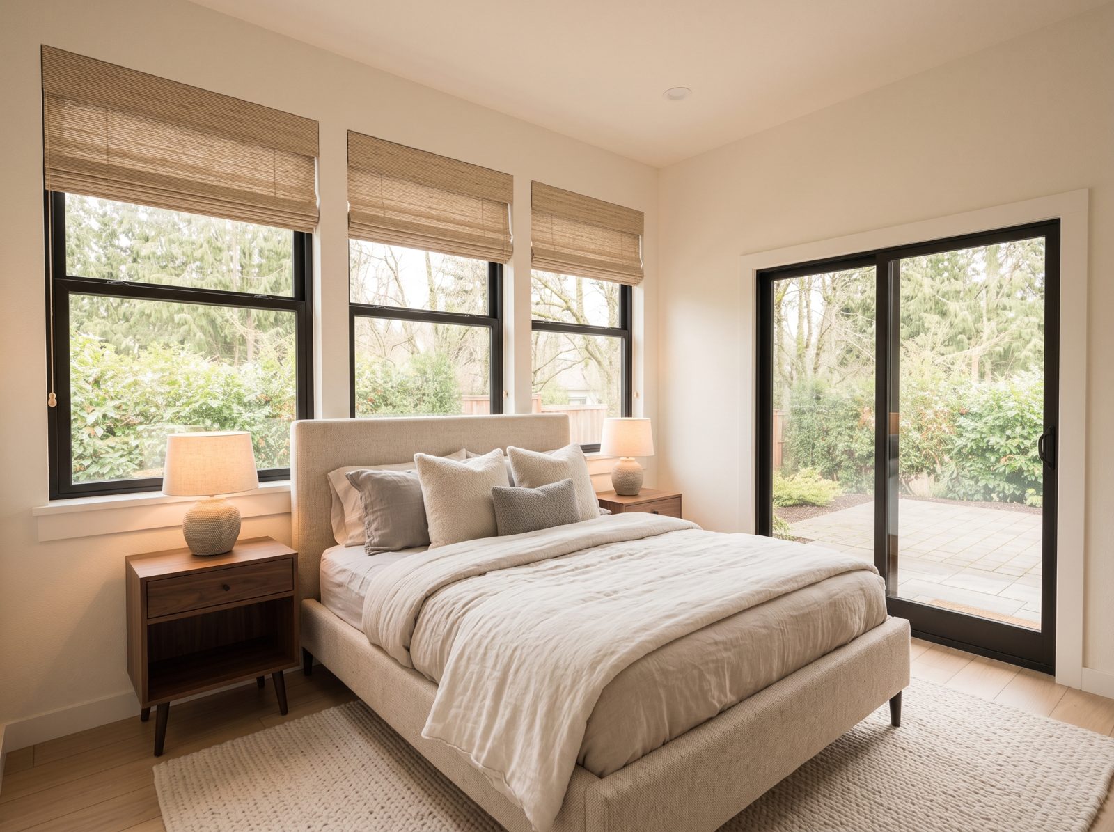 Modern Mill House concept rendering: bedroom with sliding door to the patio