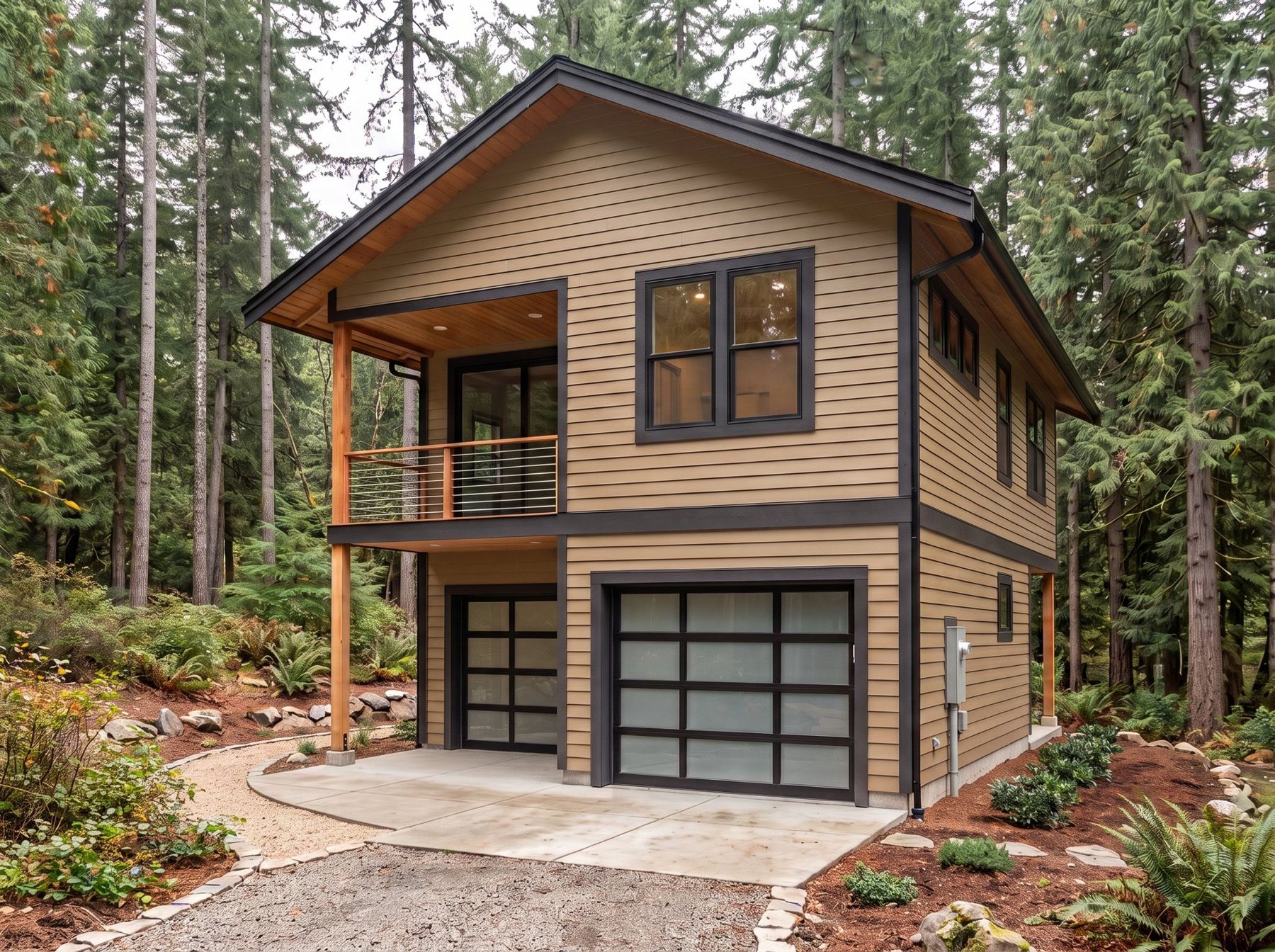 Mt. Bachelor Pad: street view with the two-car garage below and covered deck above