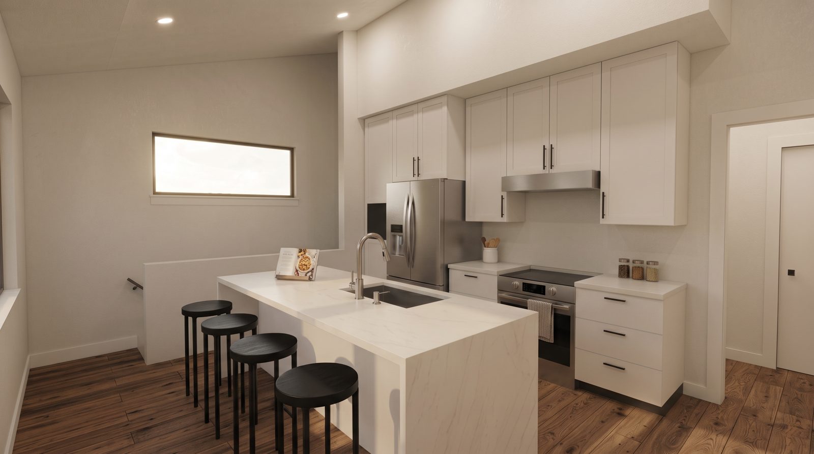 Mt. Bachelor Pad concept rendering: kitchen with waterfall island and seating