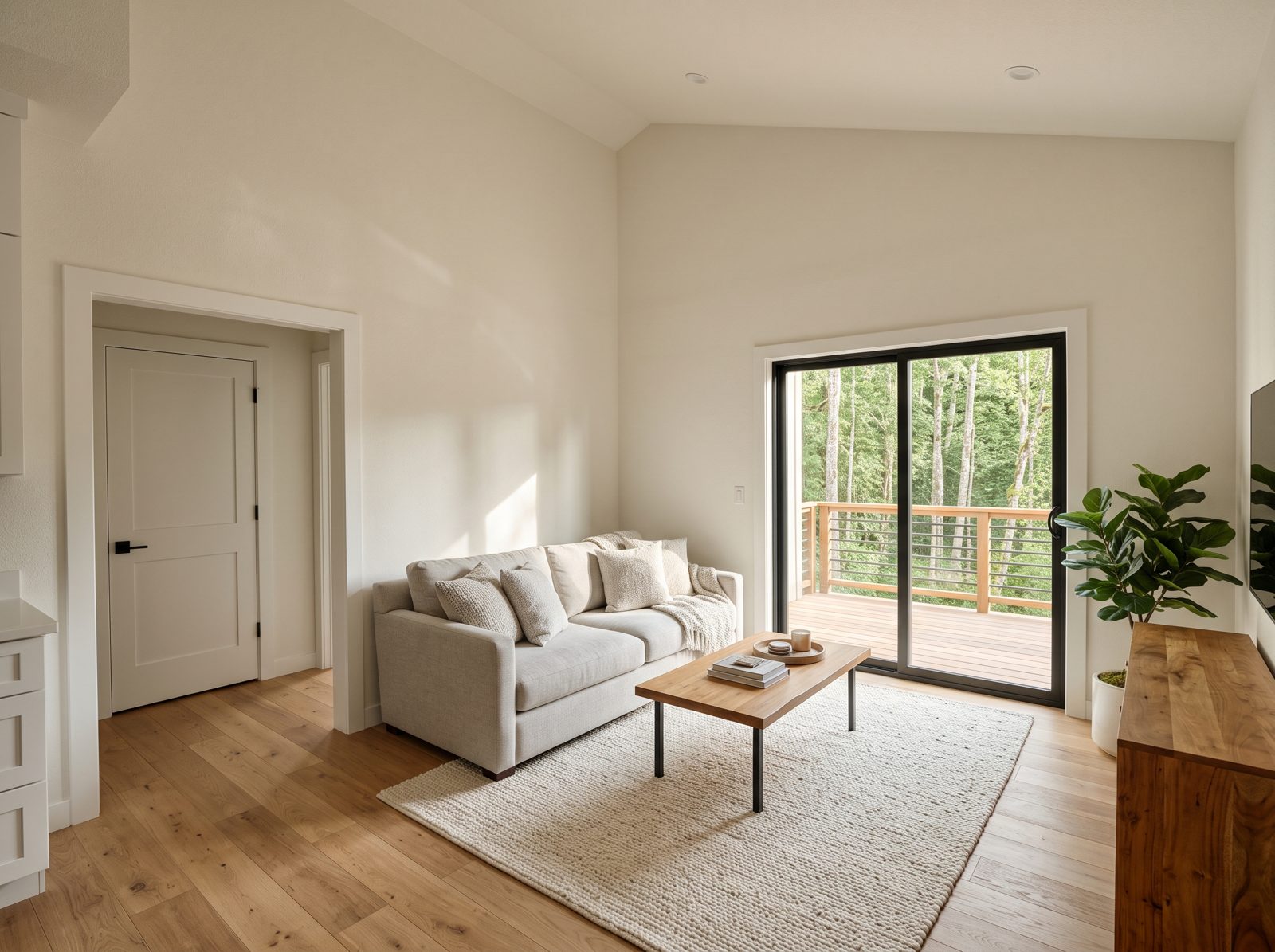 Mt. Bachelor Pad concept rendering: living room with sliding door to the covered deck