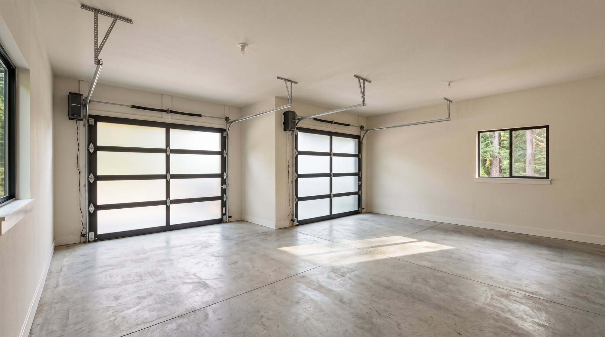 Mt. Bachelor Pad concept rendering: two-car garage with glass-panel doors