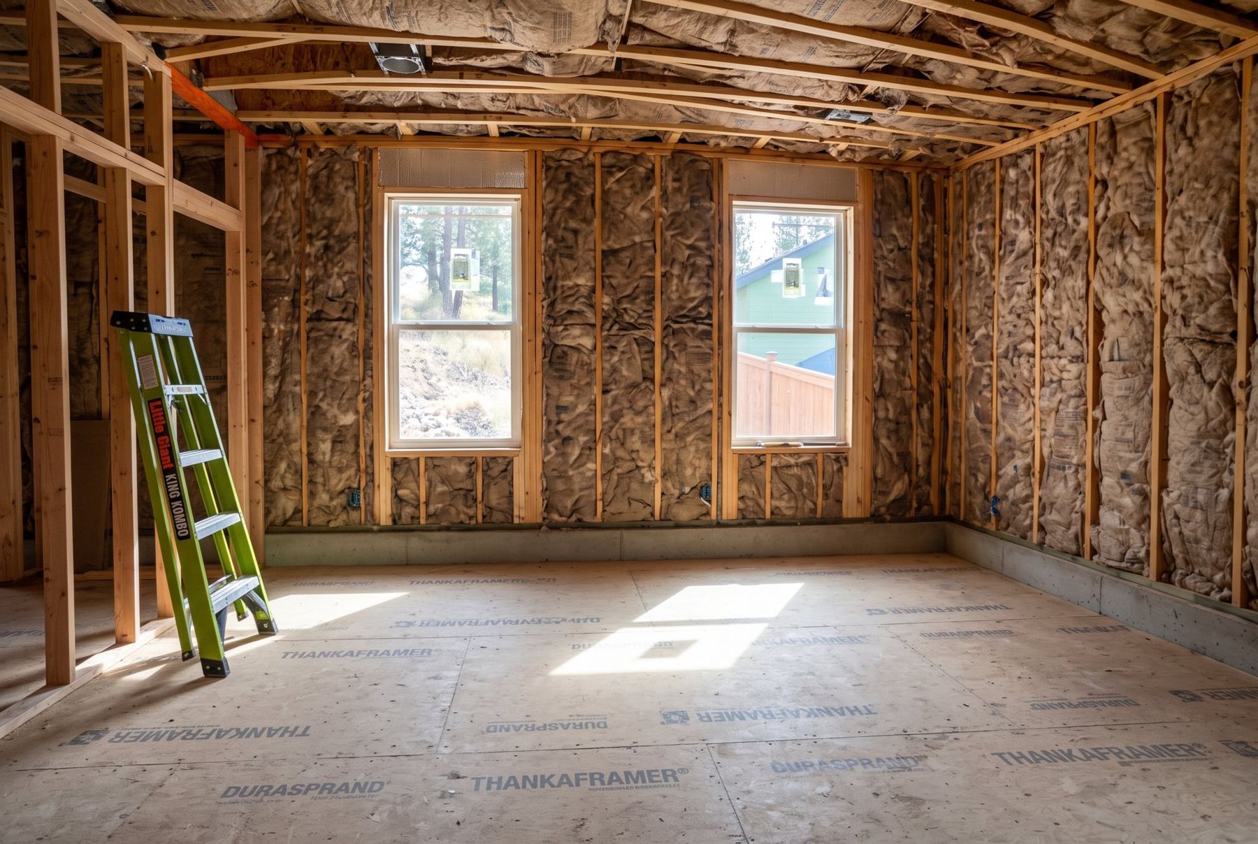 Interior with batt insulation and electrical roughed in, ready for drywall